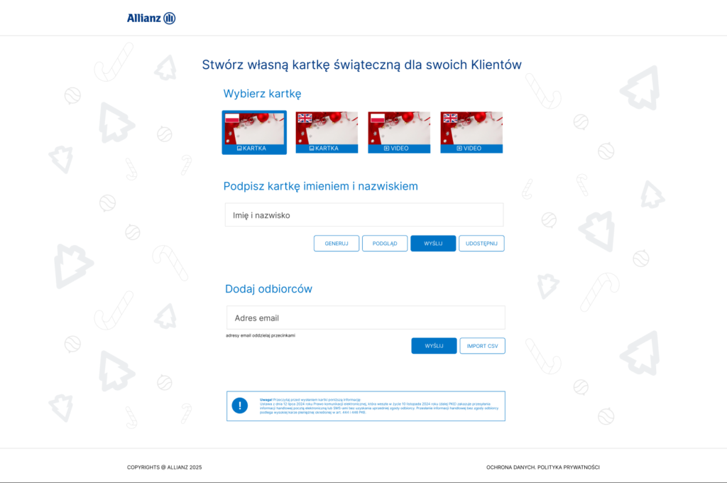 Allianz — Kartka świąteczna online — ekran z formularzem, realizacja Brandwise