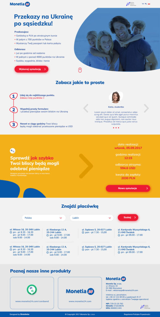 Monetia — Landing page — przekaz z karty na kartę, realizacja Brandwise