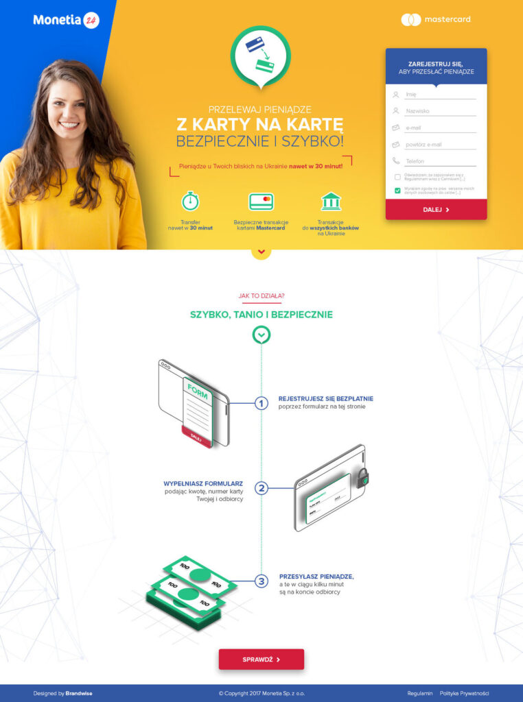 Monetia — Landing page MoneySend, realizacja Brandwise